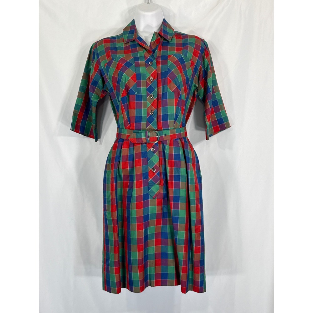 Vintage Miss Serbin Plaid Shirt Dress PROJECT‎ Multi Color Belted Fit Flare 50s